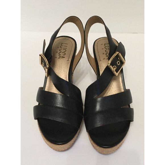 Lucca Lane 7 Black Leather Erin Asymetrical Wedge Casual Occasion Sandals - Picture 1 of 5